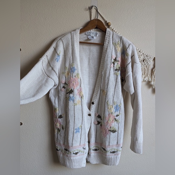 Vintage handknit Studio Michelle Stuart floral sweater button up, medium - Picture 2 of 5